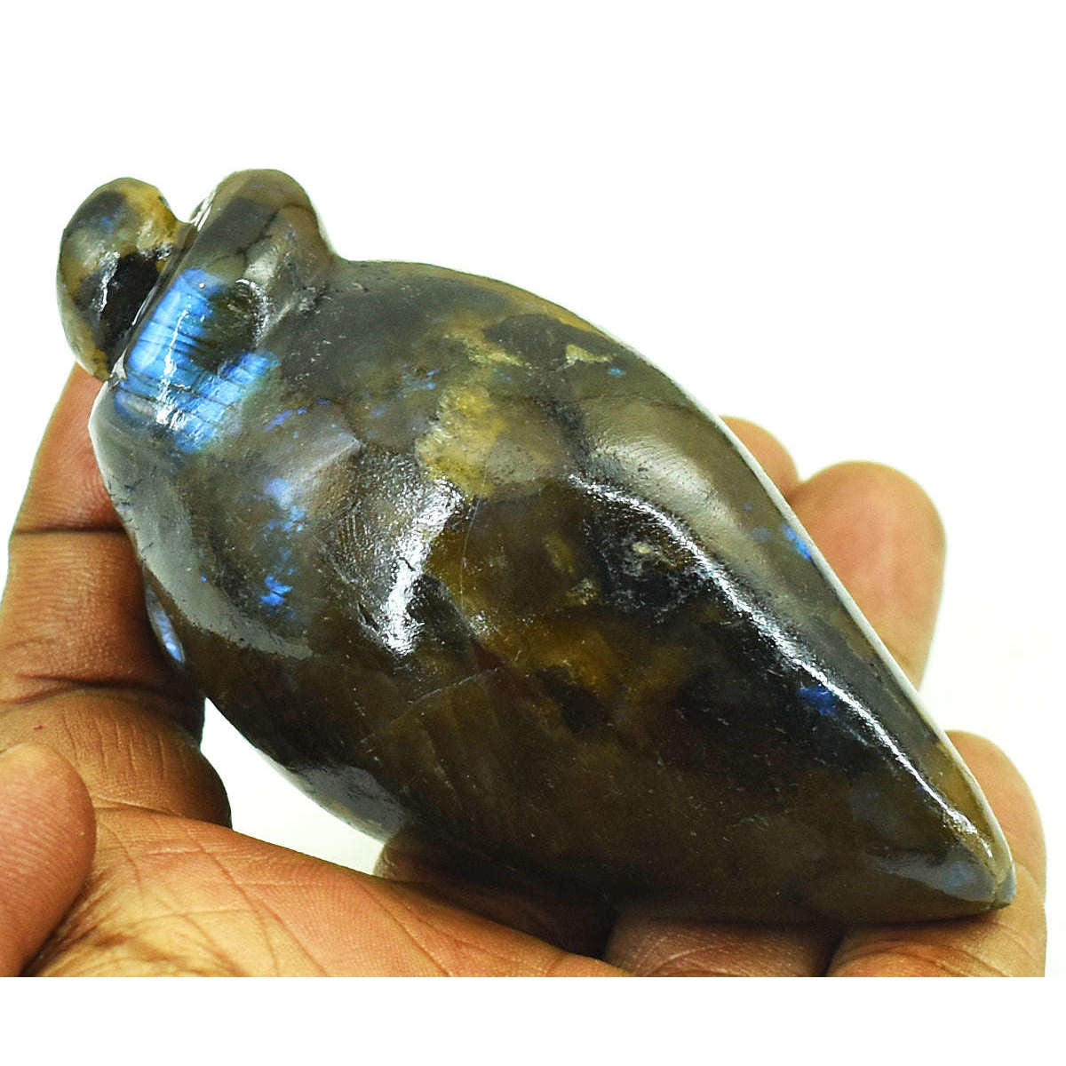 gemsmore:Exclusive Labradorite Hand Carved Genuine Crystal Gemstone Carving Conch With Frog