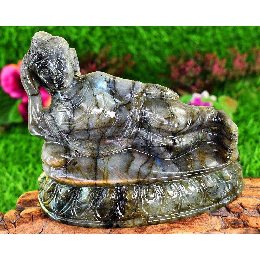 gemsmore:Exclusive Labradorite Hand Carved Genuine Crystal Gemstone Carving Huge Sleeping Lord Buddha
