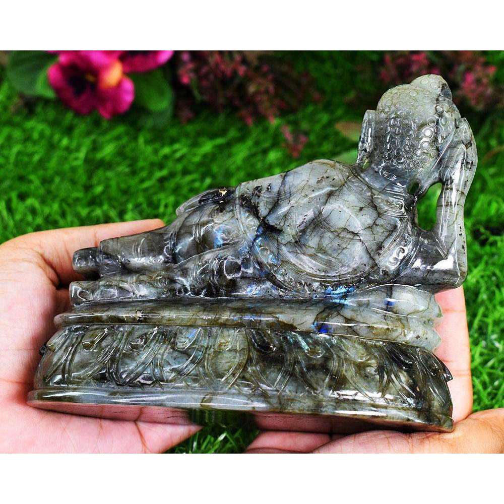 gemsmore:Exclusive Labradorite Hand Carved Genuine Crystal Gemstone Carving Huge Sleeping Lord Buddha