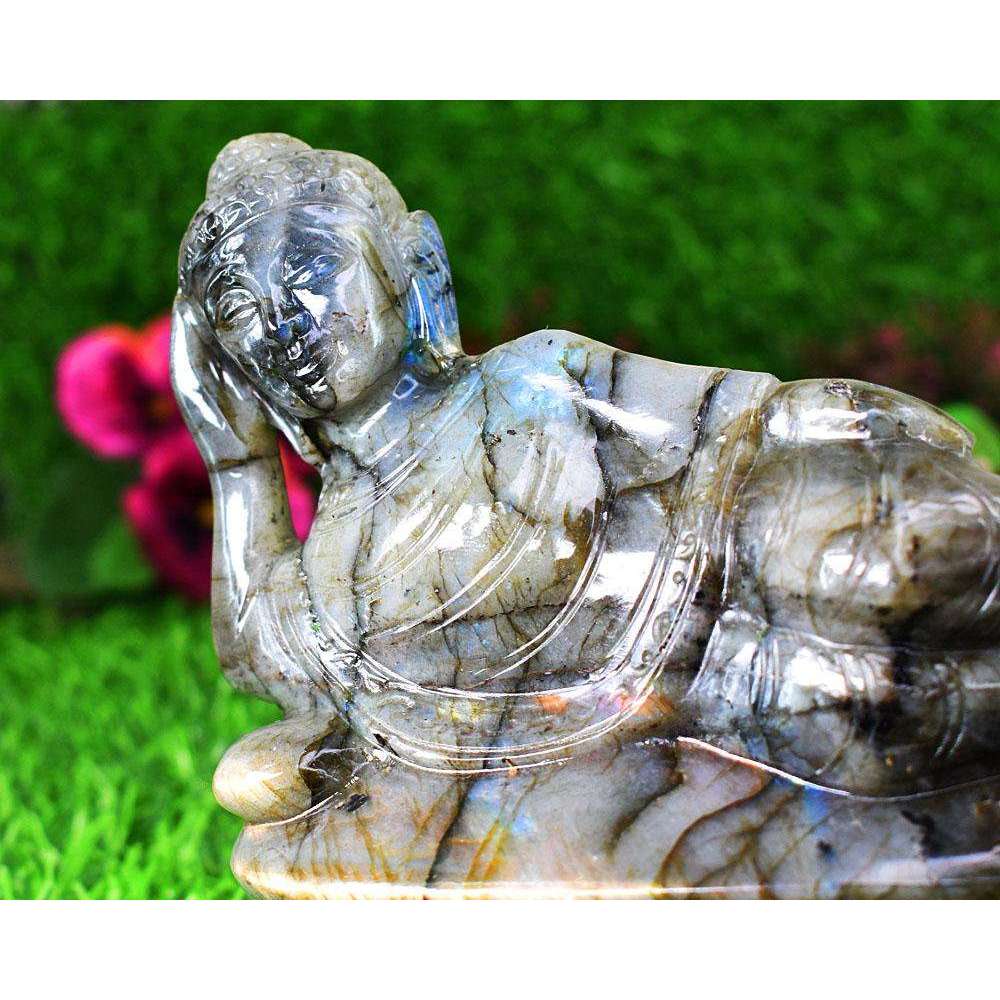 gemsmore:Exclusive Labradorite Hand Carved Genuine Crystal Gemstone Carving Huge Sleeping Lord Buddha