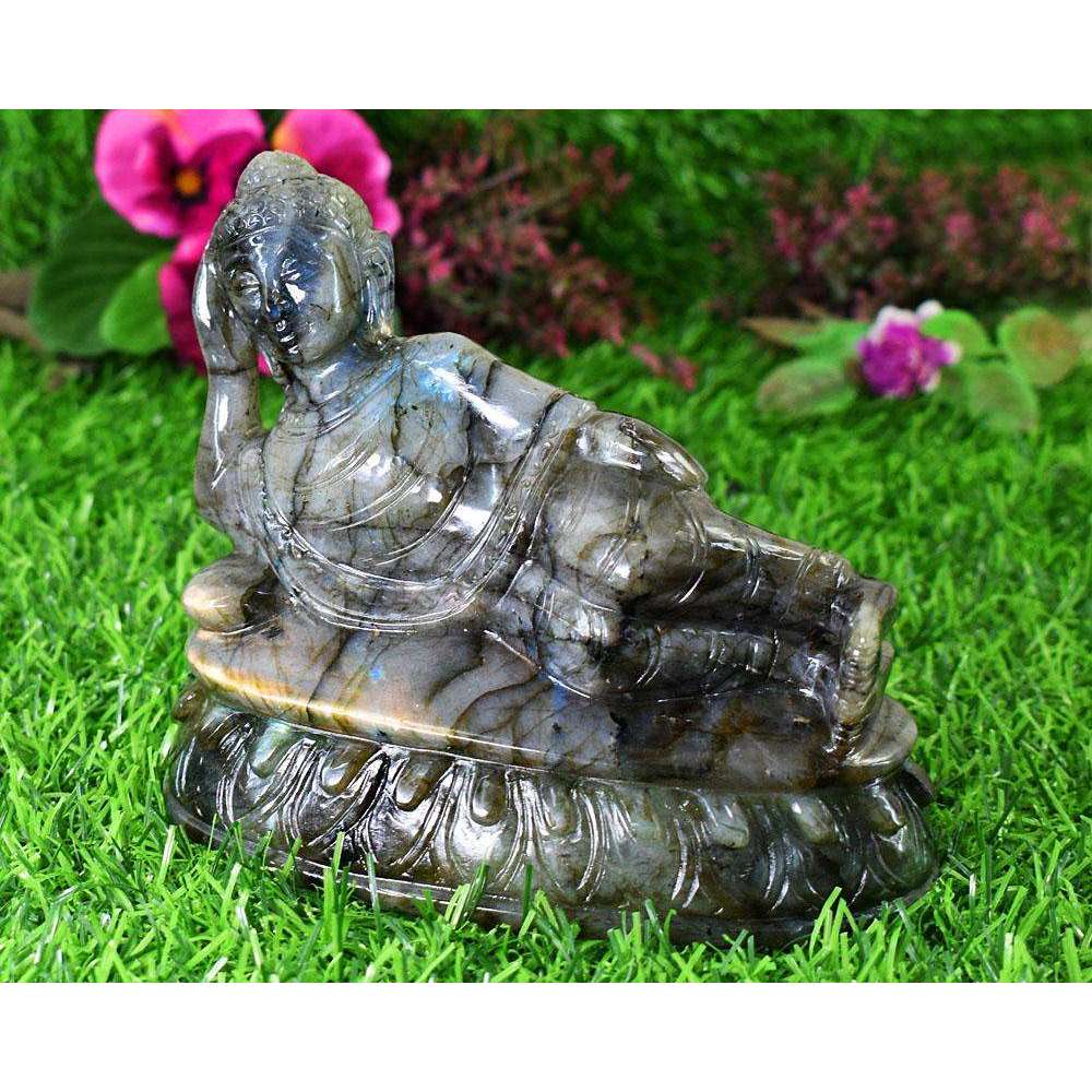 gemsmore:Exclusive Labradorite Hand Carved Genuine Crystal Gemstone Carving Huge Sleeping Lord Buddha