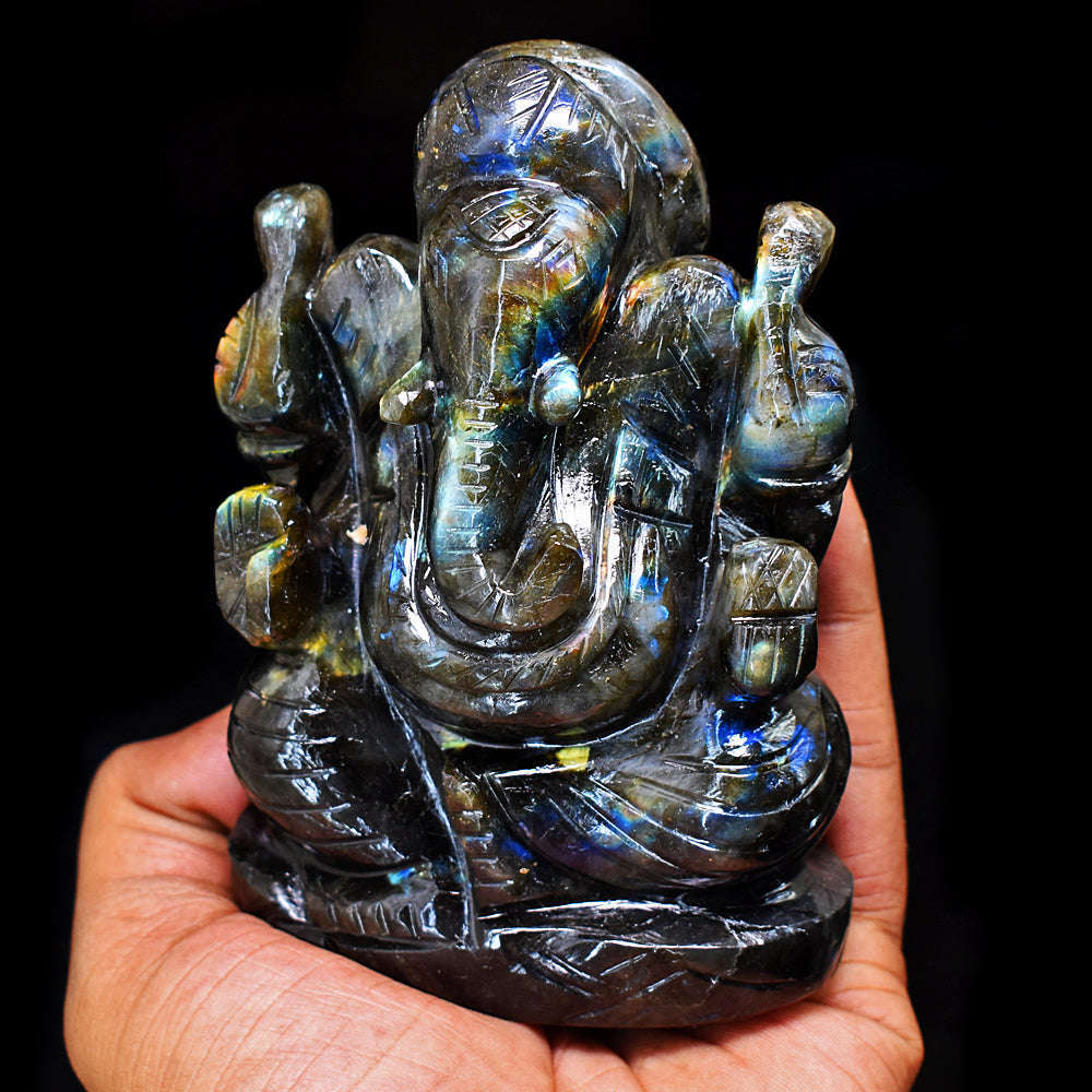 gemsmore:Exclusive Labradorite Hand Carved Genuine Crystal Gemstone Carving Lord Ganesha