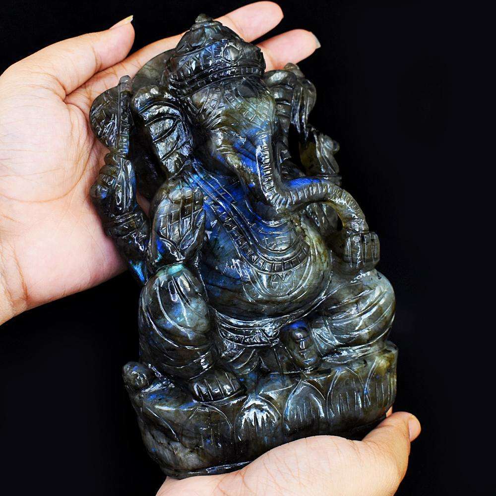 gemsmore:Exclusive Labradorite Hand Carved Genuine Crystal Gemstone Carving Lord Ganesha