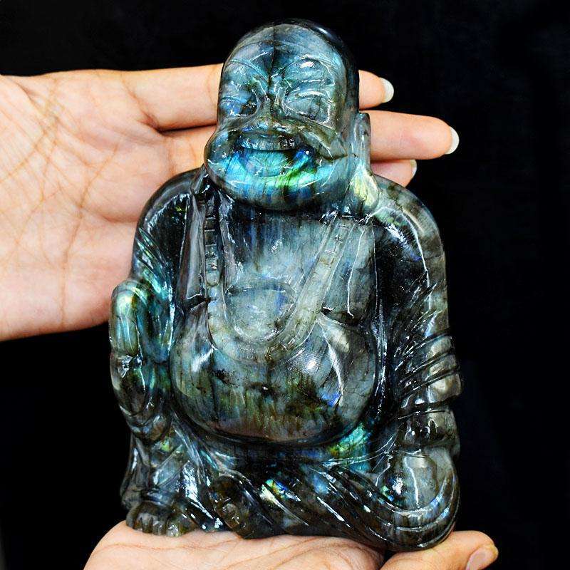 gemsmore:Exclusive Labradorite Hand Carved Genuine Crystal Gemstone Carving Massive Laughing Buddha