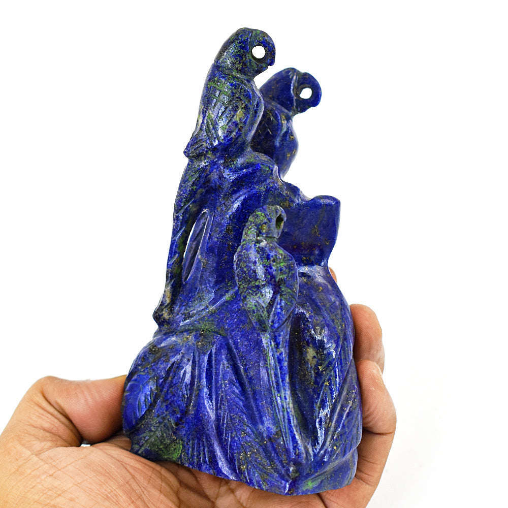gemsmore:Exclusive Lapis Lazuli  Hand Carved Genuine Crystal Gemstone Carving Parrot Family