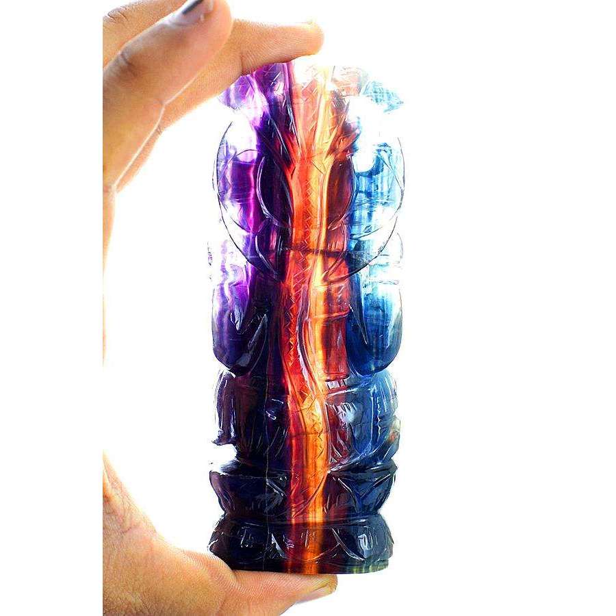 gemsmore:Exclusive Multicolor Fluorite Hand Carved Lord Ganesha Idol With Snake At Back