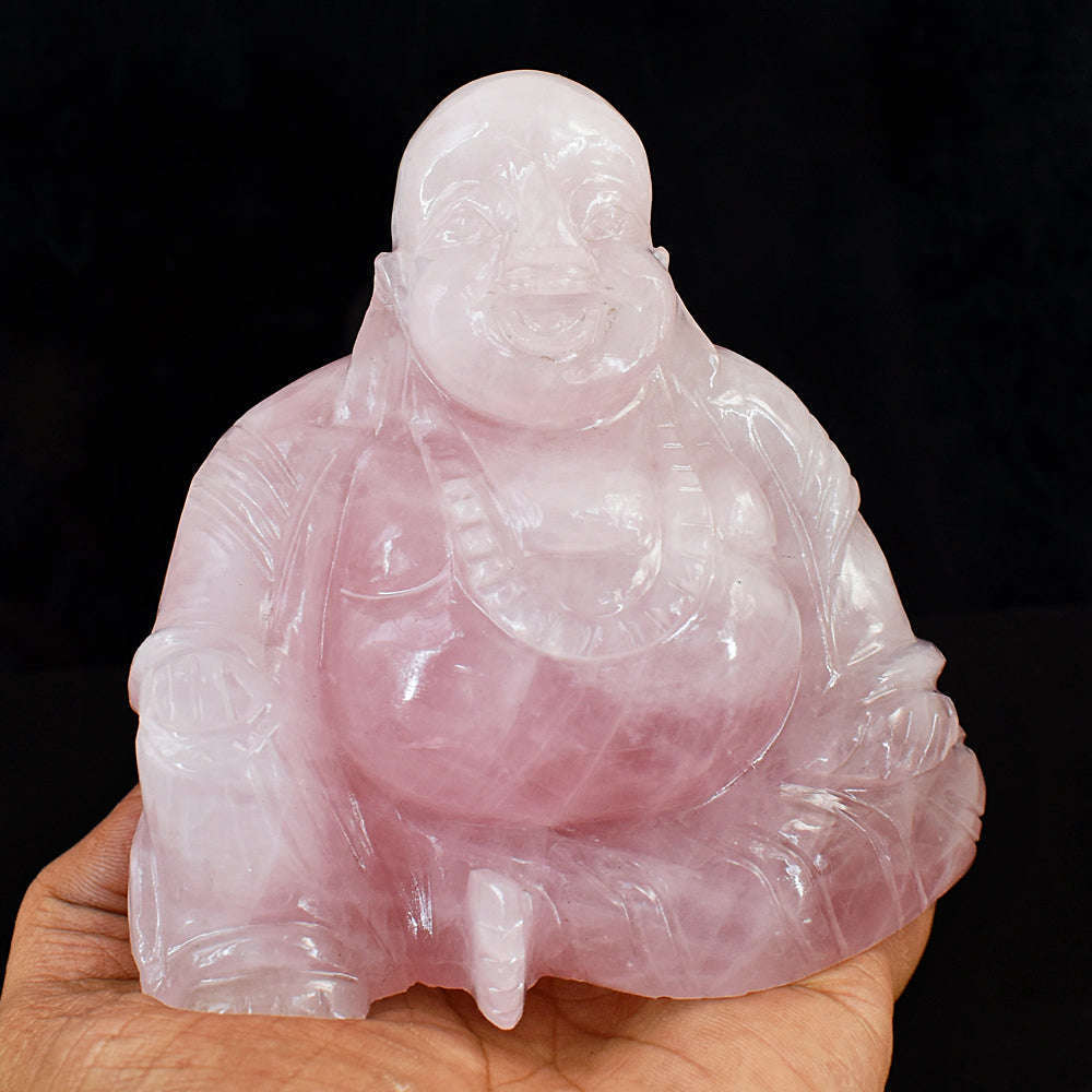 gemsmore:Exclusive Rose Quartz Hand Carved Genuine Crystal Gemstone Carving Laughing Buddha