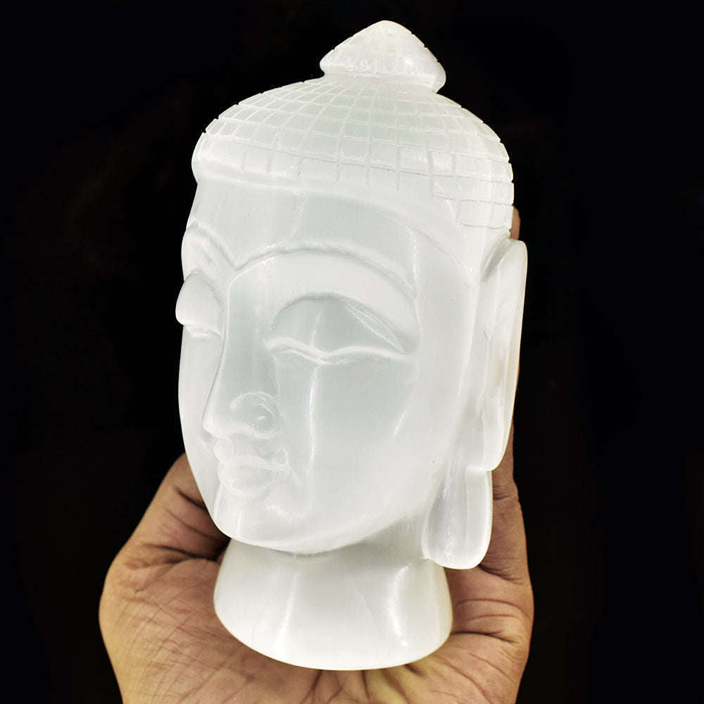 gemsmore:Exclusive Selenite Hand Carved Genuine Crystal Gemstone Carving Buddha Head