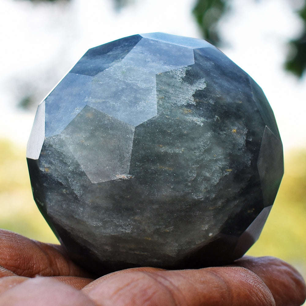 gemsmore:Exclusive Shadow Rutile Quartz Hand Carved Faceted Crystal Healing Sphere Gemstone