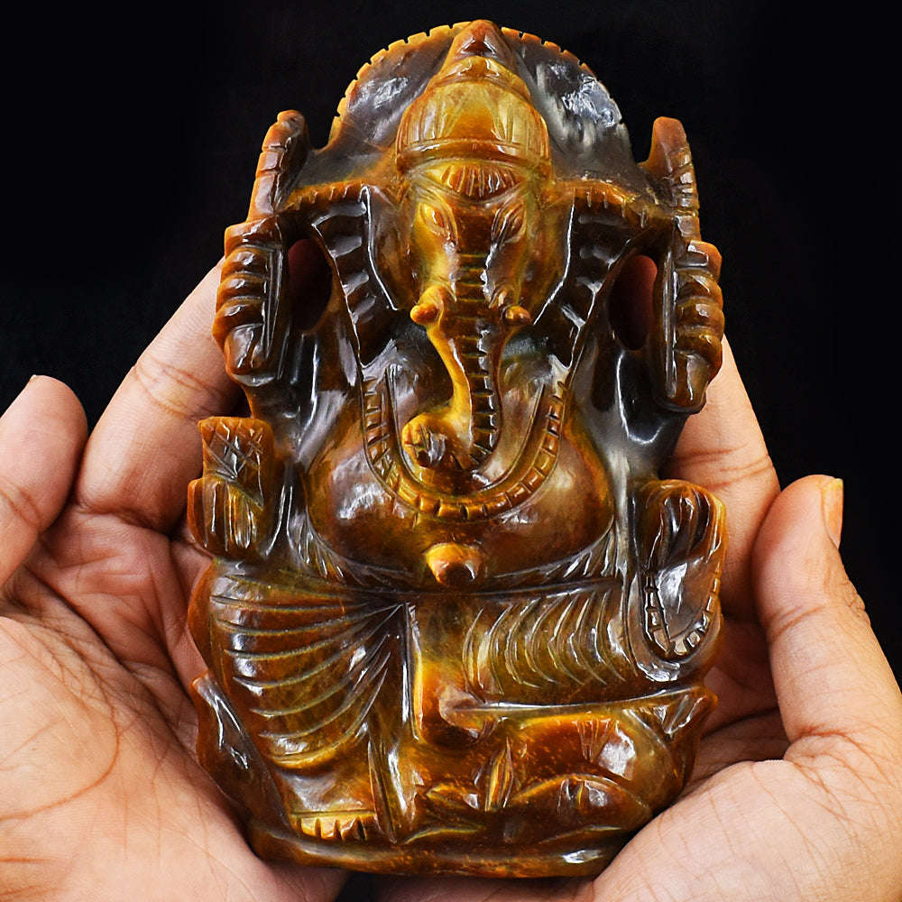 gemsmore:Exclusive Tiger Eye Hand Carved Genuine Crystal Gemstone Carving Lord Ganesha