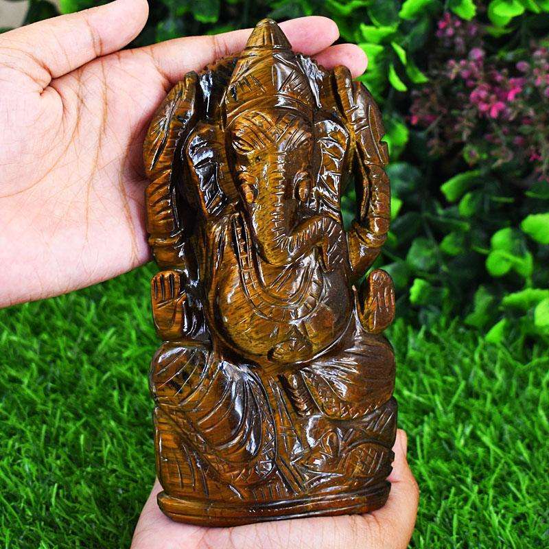 gemsmore:Exclusive Tiger Eye Hand Carved Genuine Crystal Gemstone Carving Lord Ganesha