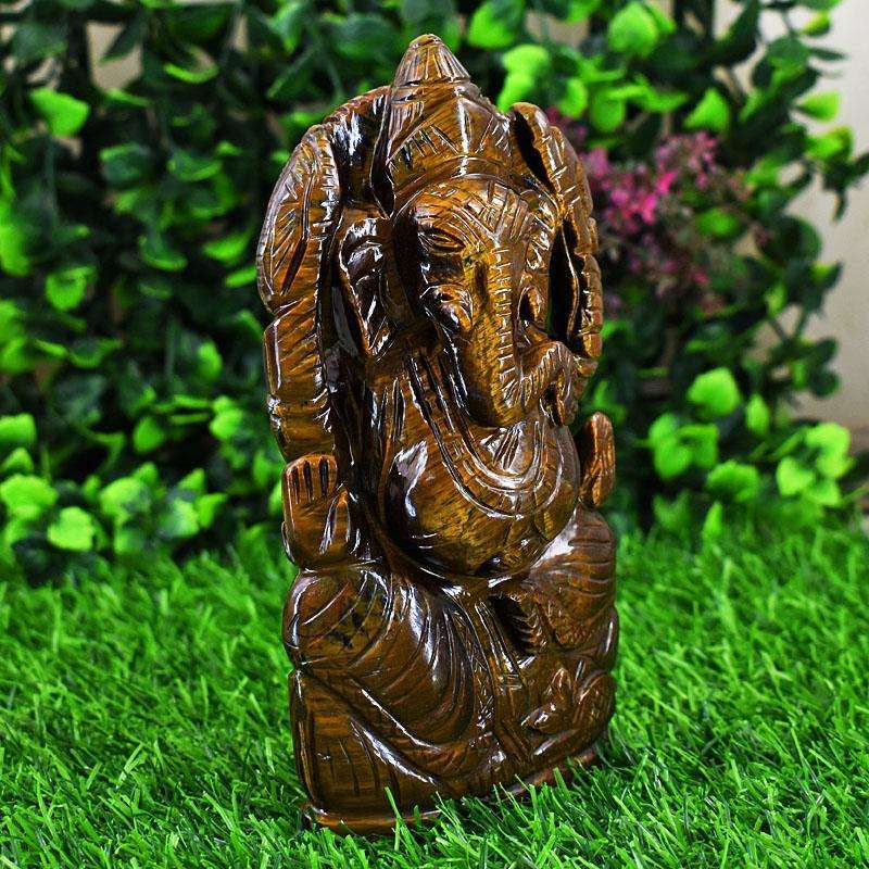 gemsmore:Exclusive Tiger Eye Hand Carved Genuine Crystal Gemstone Carving Lord Ganesha