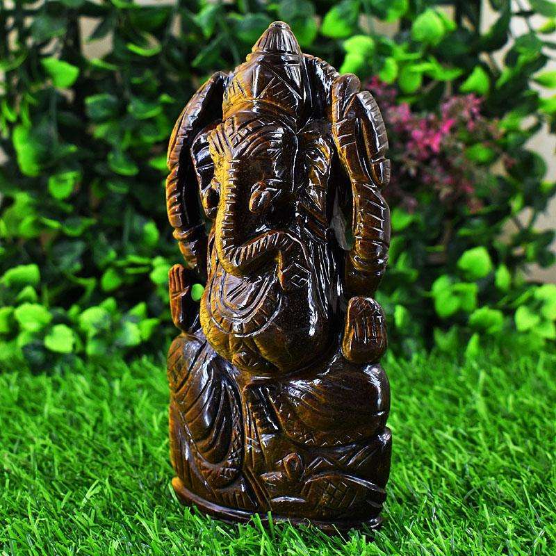 gemsmore:Exclusive Tiger Eye Hand Carved Genuine Crystal Gemstone Carving Lord Ganesha