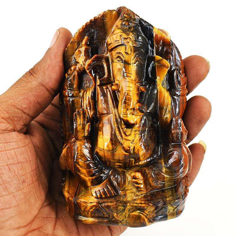 gemsmore:Exclusive Tiger Eye Hand Carved Genuine Crystal Gemstone Carving Lord Ganesha