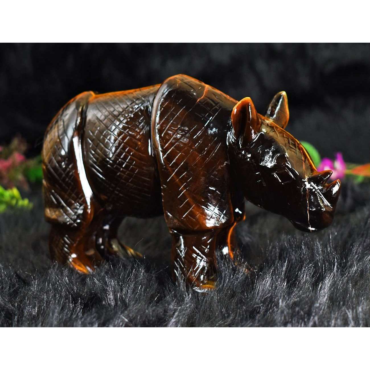 gemsmore:Exclusive Tiger Eye Hand Carved Genuine Crystal Gemstone Carving Rhino