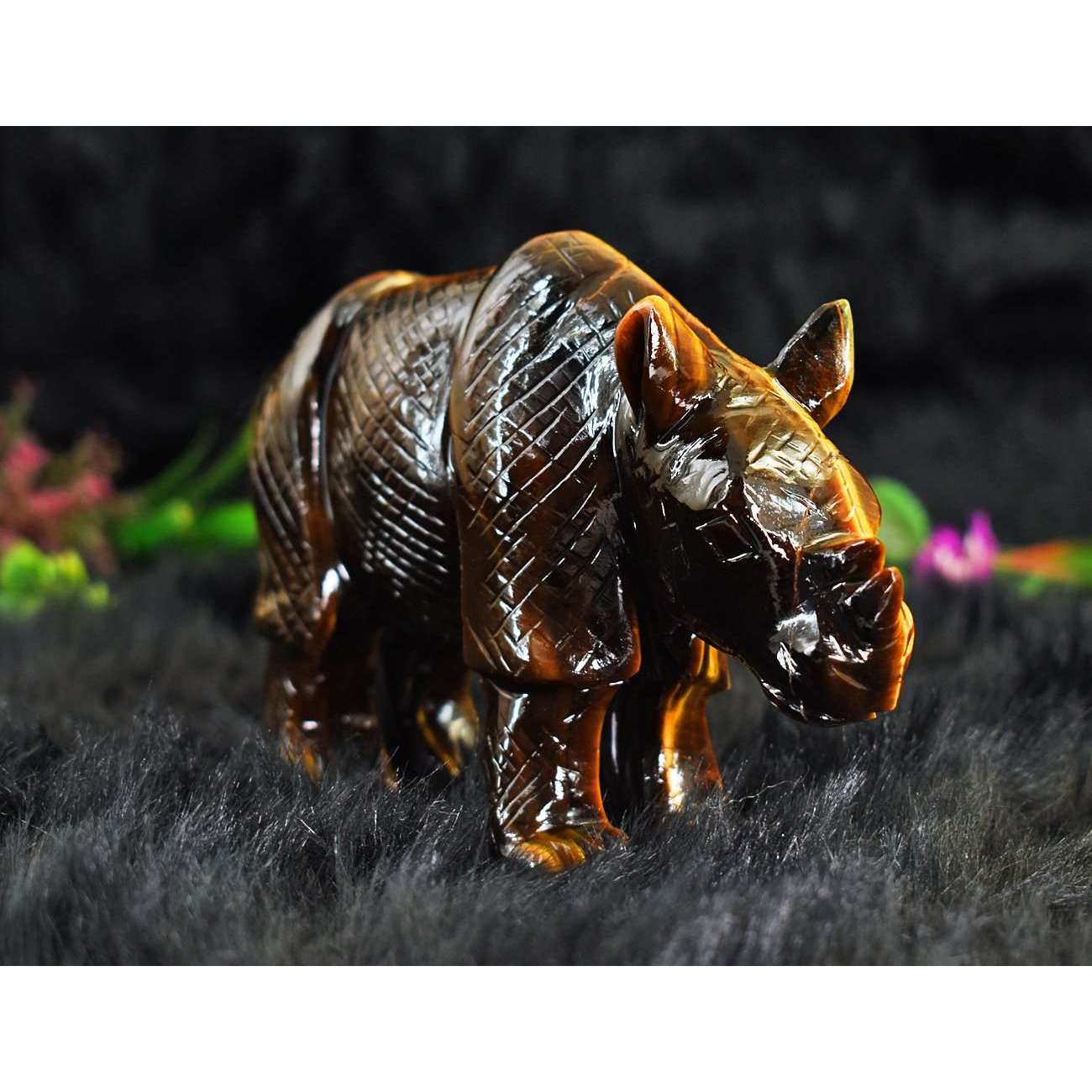 gemsmore:Exclusive Tiger Eye Hand Carved Genuine Crystal Gemstone Carving Rhino