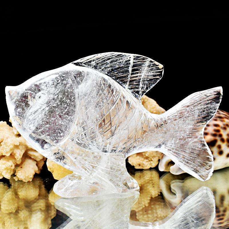 gemsmore:Exclusive White Quartz Hand Carved Fish Statue