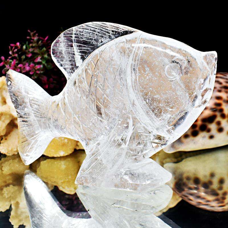 gemsmore:Exclusive White Quartz Hand Carved Fish Statue