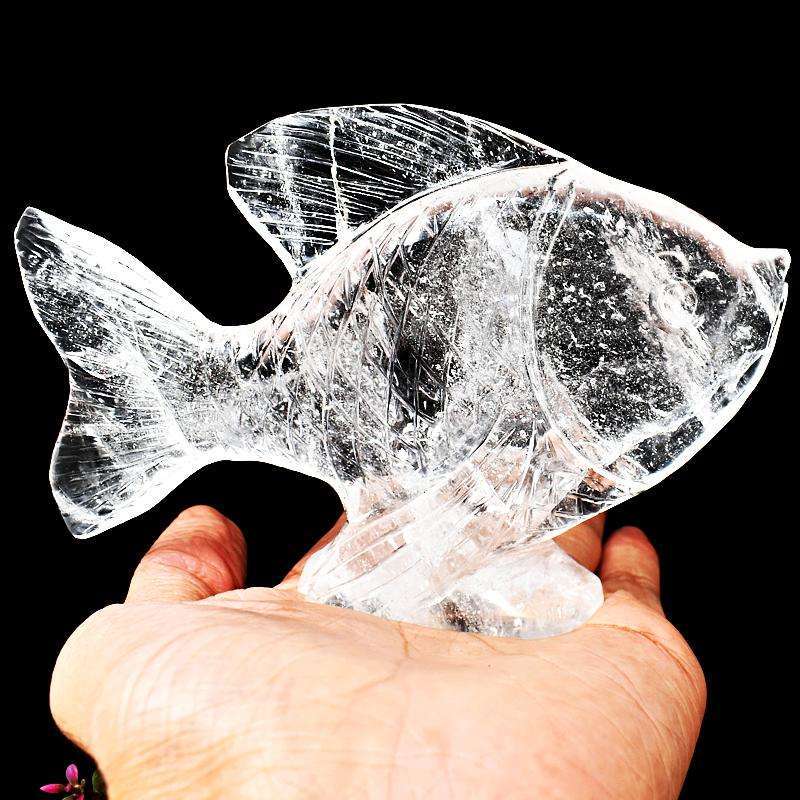 gemsmore:Exclusive White Quartz Hand Carved Fish Statue