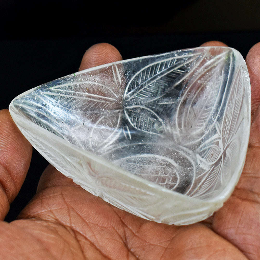 gemsmore:Exclusive White Quartz Hand Carved Genuine Crystal Gemstone Carving Bowl