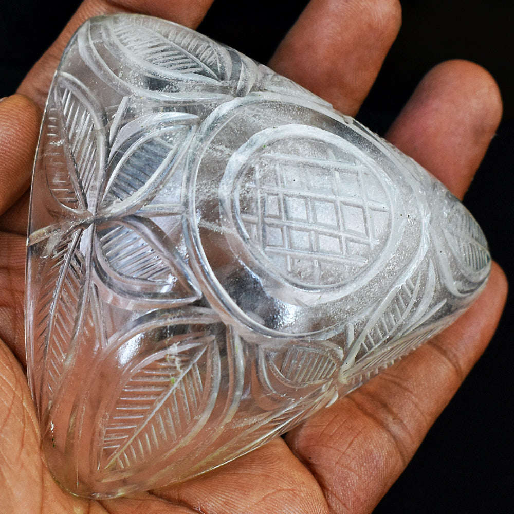 gemsmore:Exclusive White Quartz Hand Carved Genuine Crystal Gemstone Carving Bowl