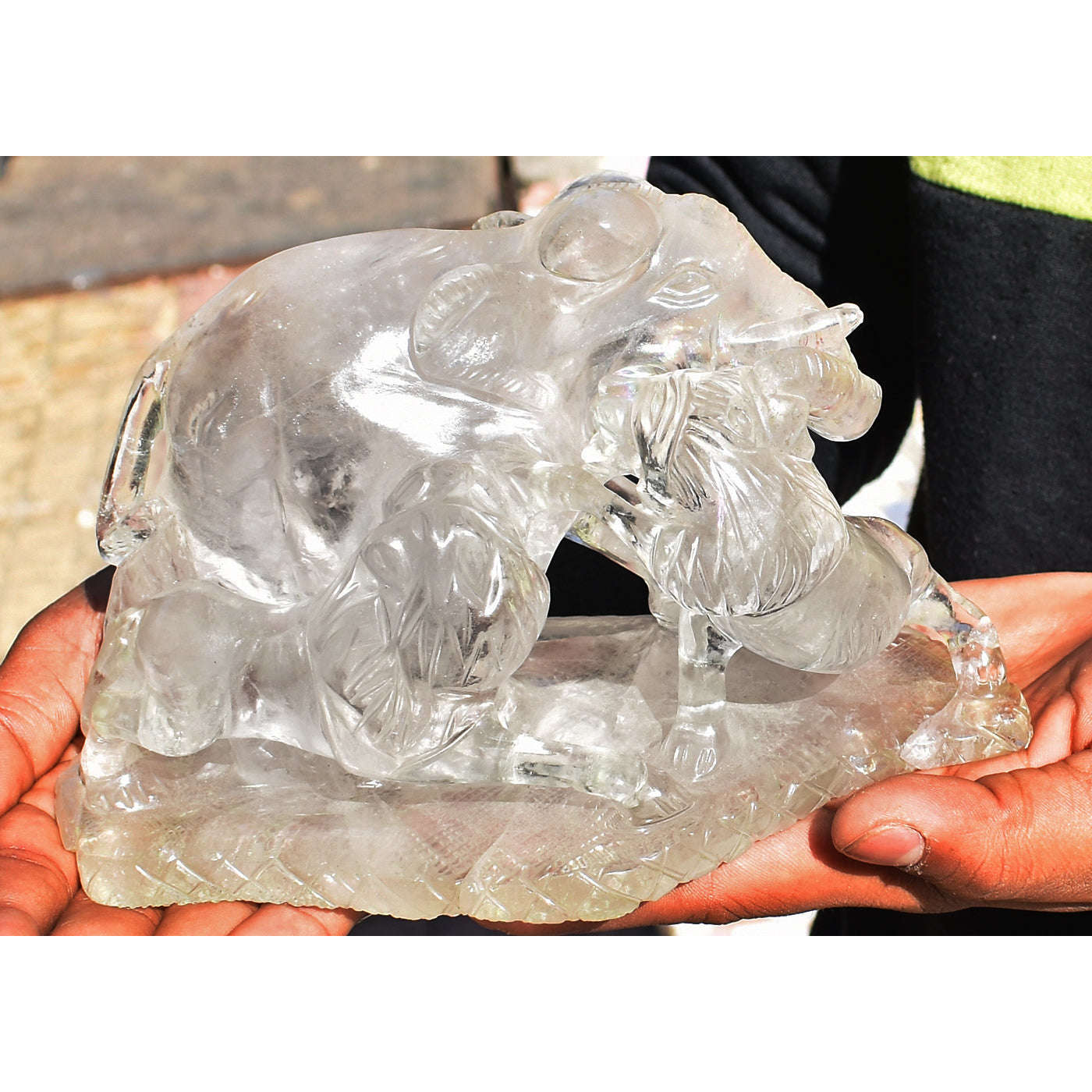 gemsmore:Exclusive White Quartz Hand Carved Genuine Crystal Twin Hunters Elephant