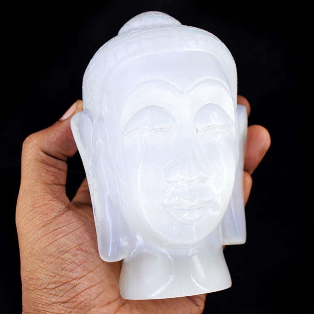 gemsmore:Exclusive White Selenite Hand Carved Crystal Buddha Head