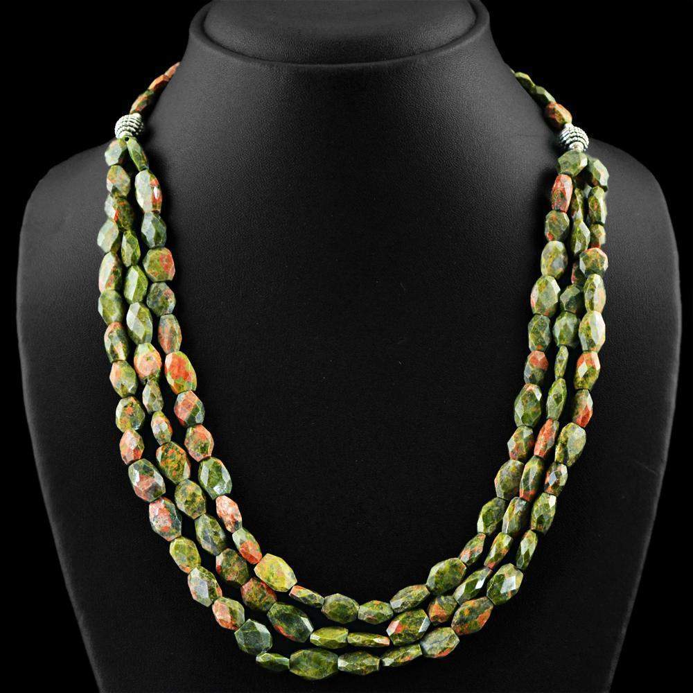 gemsmore:Faceted Blood Green Unakite Necklace Natural Single Strand Untreated Beads