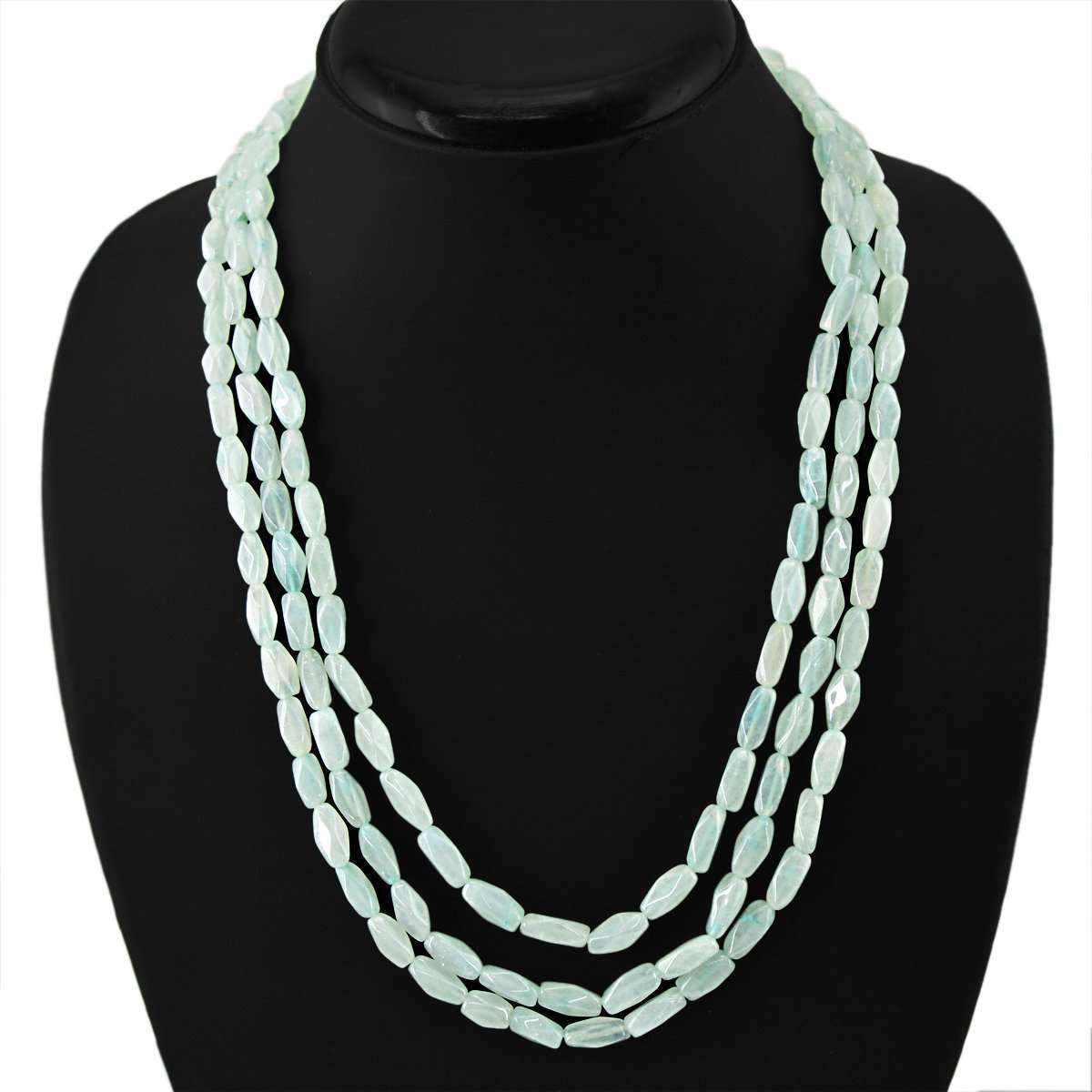 gemsmore:Faceted Green Aquamarine Necklace Natural 3 Line Untreated Beads
