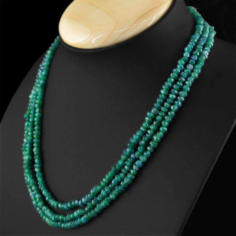 gemsmore:Faceted Untreated Green Emerald Necklace Natural 3 Strand Genuine Beads