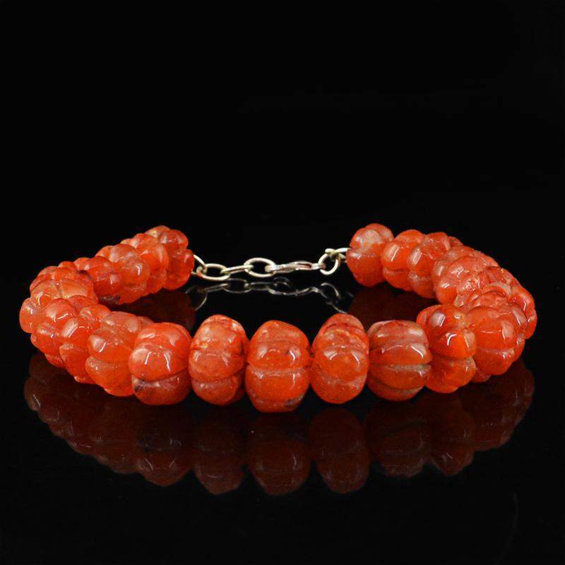 gemsmore:Flower Carved Orange Carnelian Bracelet Round Shape - Natural Beads