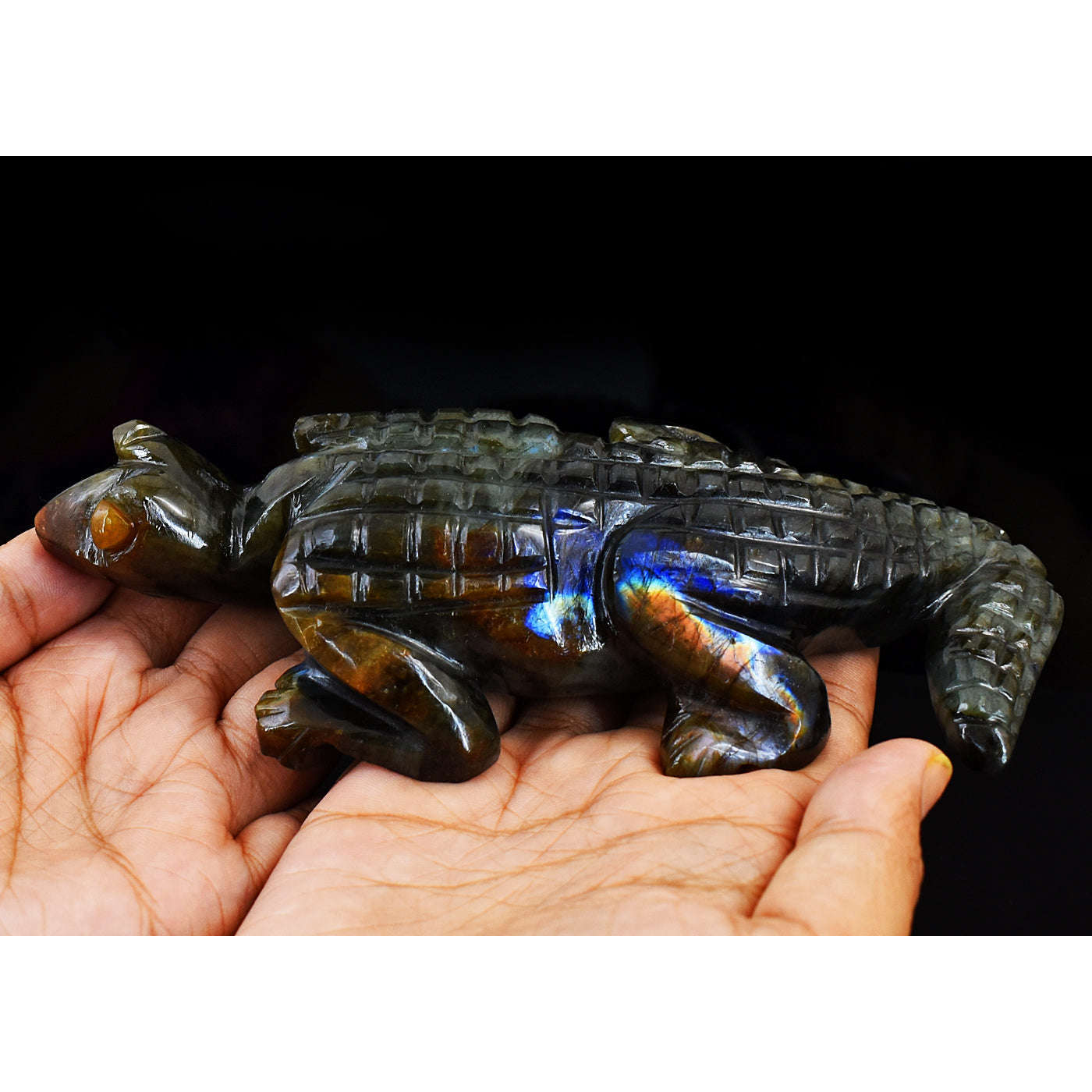 gemsmore:Genuine Amazing Flash Labradorite Hand Carved Crocodile