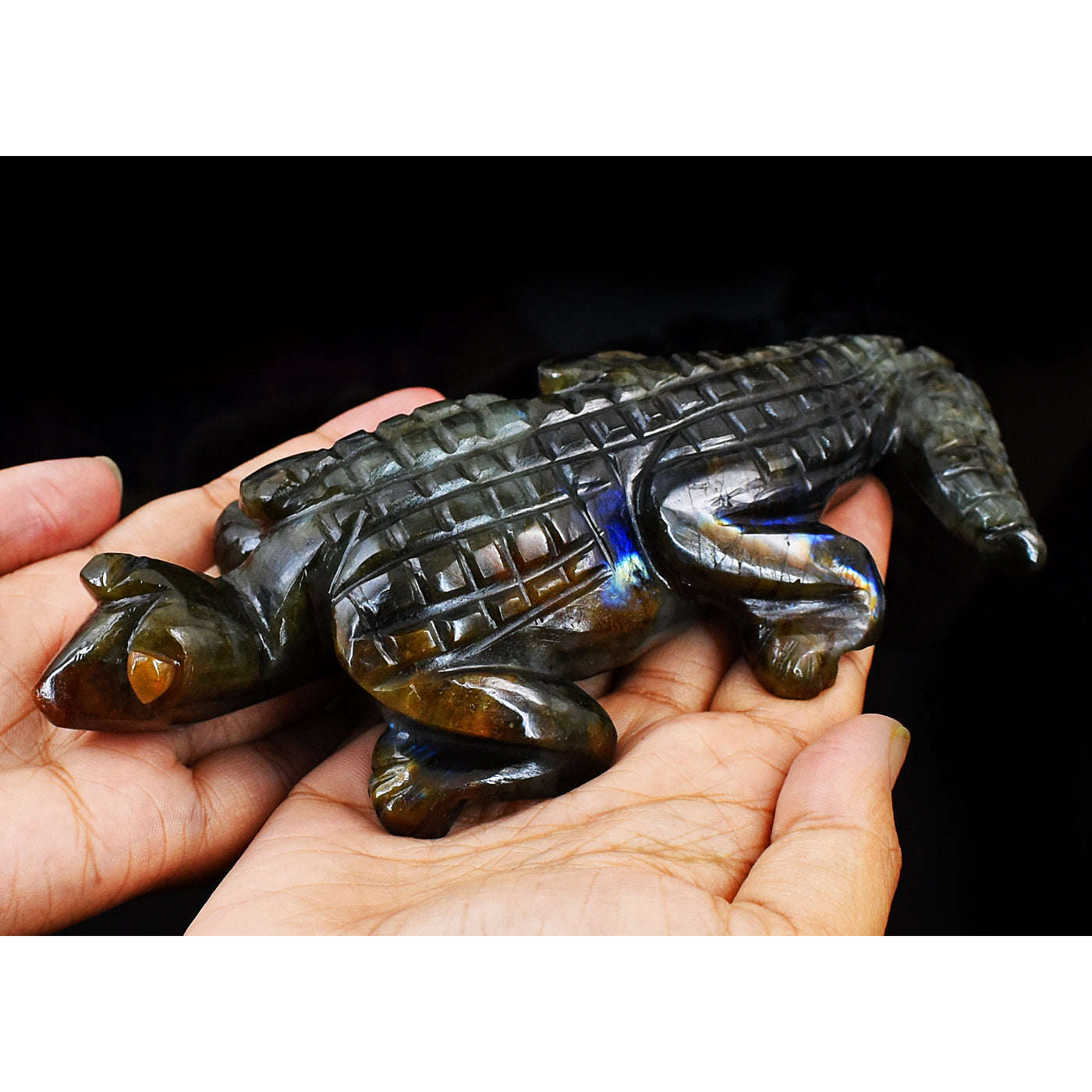 gemsmore:Genuine Amazing Flash Labradorite Hand Carved Crocodile