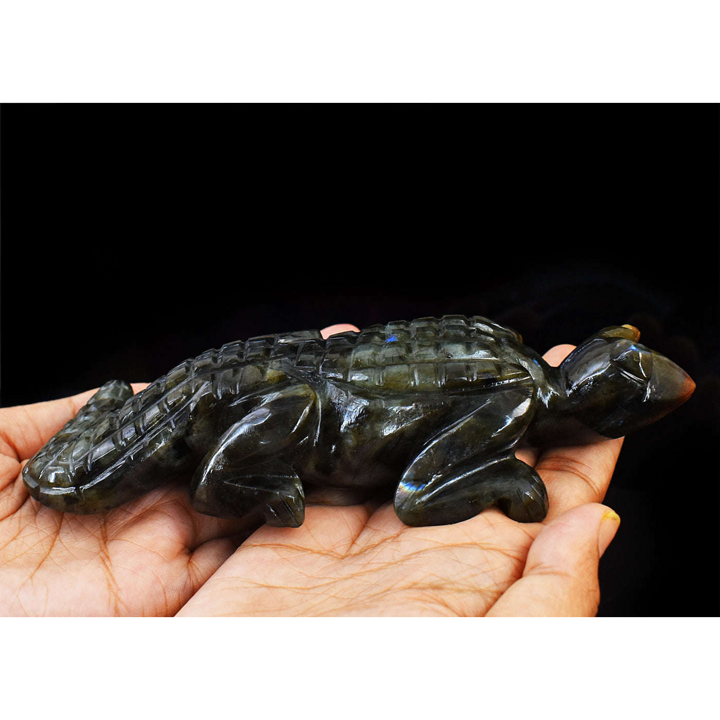gemsmore:Genuine Amazing Flash Labradorite Hand Carved Crocodile