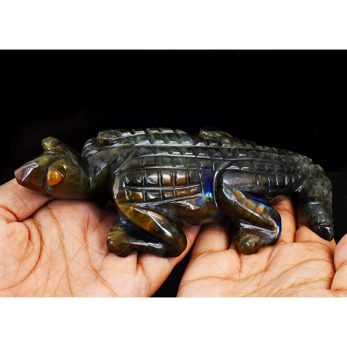 gemsmore:Genuine Amazing Flash Labradorite Hand Carved Crocodile