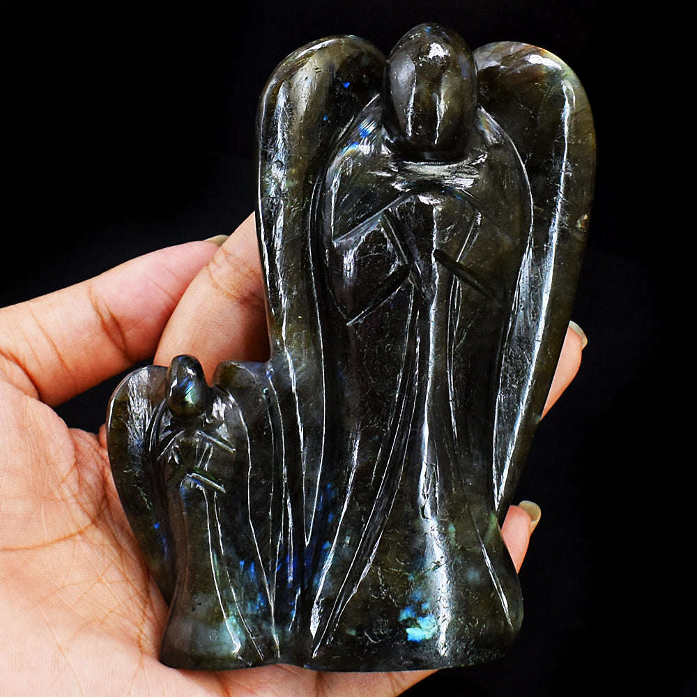 gemsmore:Genuine Amazing Flash Labradorite Hand Carved Genuine Crystal Gemstone Carving Mother & Son Angel