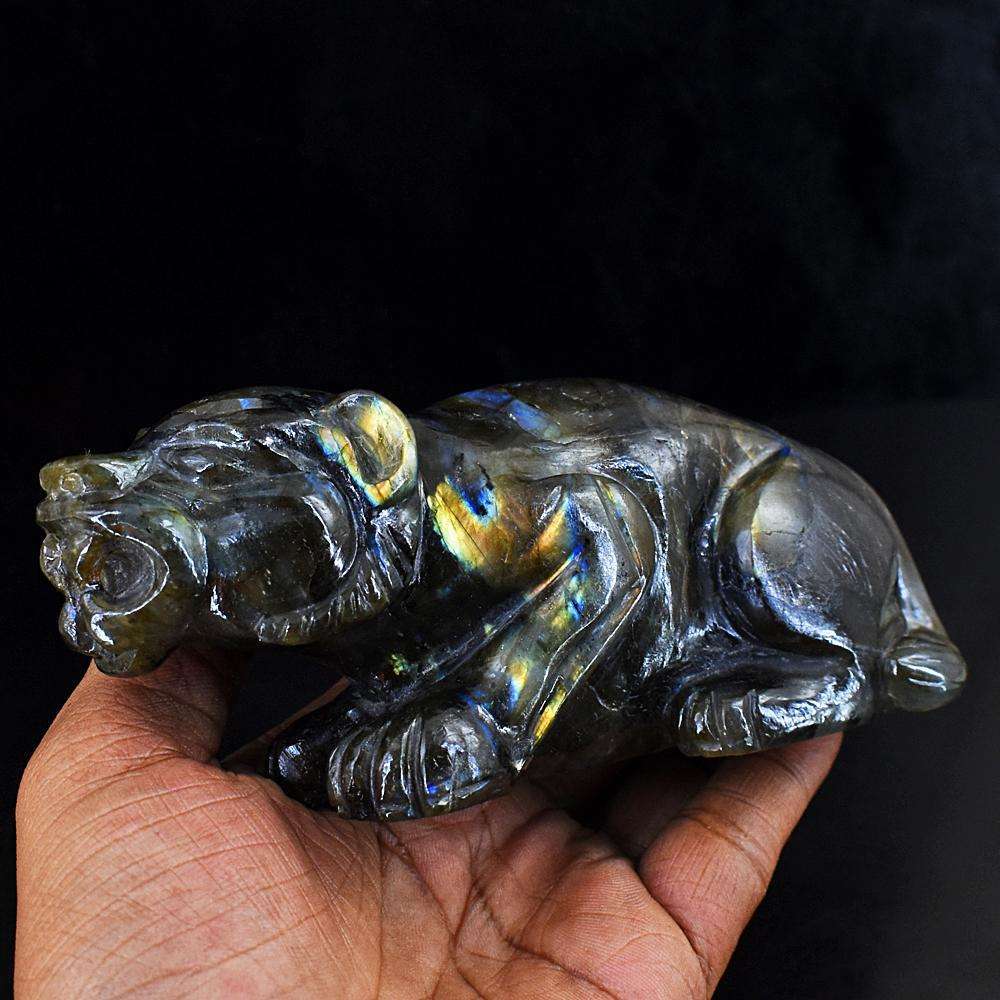 gemsmore:Genuine Amazing Flash Labradorite Hand Carved Lion
