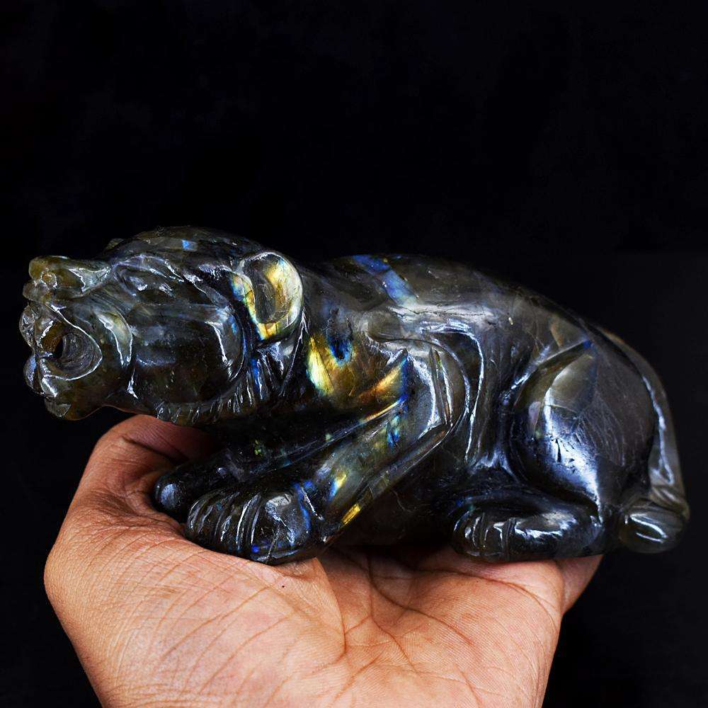 gemsmore:Genuine Amazing Flash Labradorite Hand Carved Lion