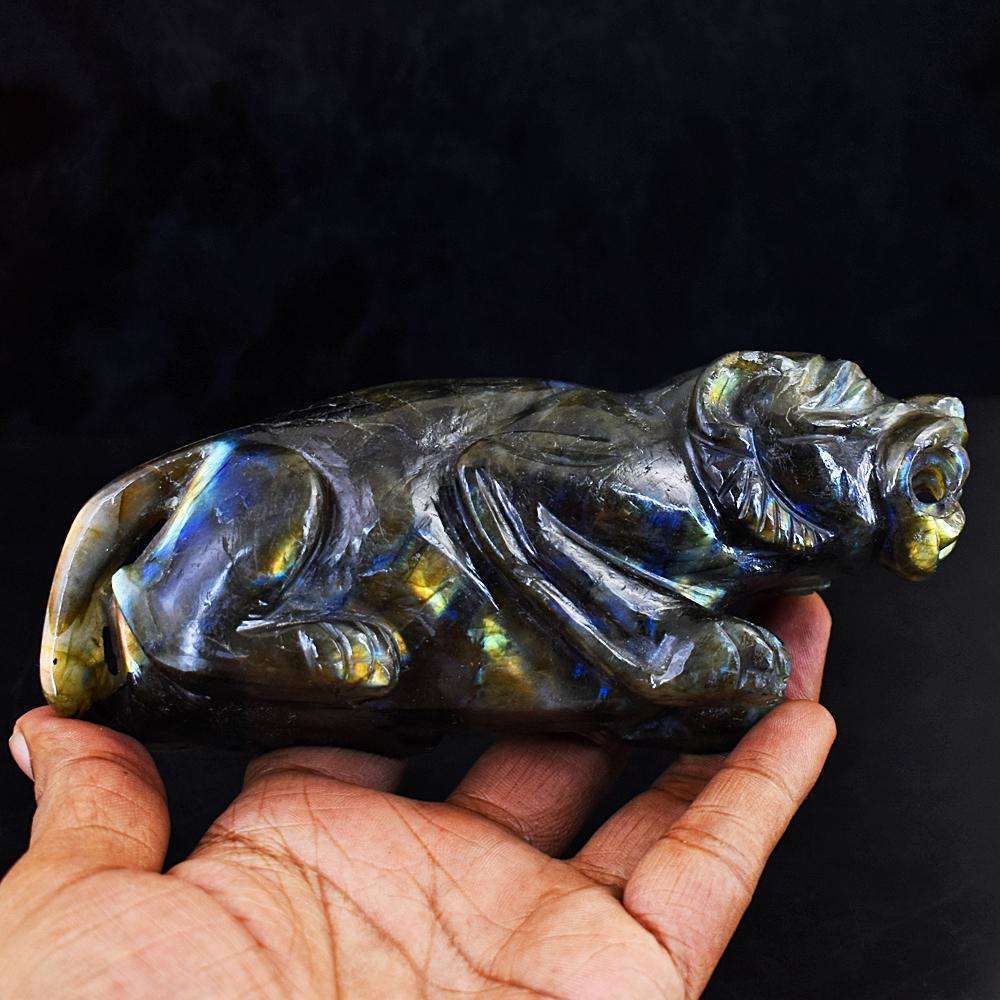 gemsmore:Genuine Amazing Flash Labradorite Hand Carved Lion
