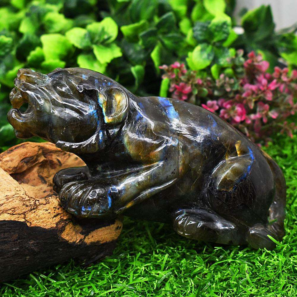 gemsmore:Genuine Amazing Flash Labradorite Hand Carved Lion