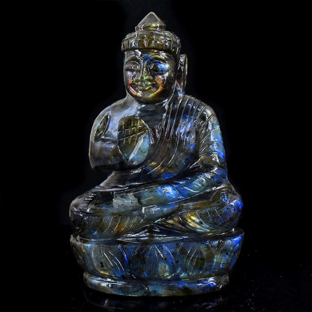 gemsmore:Genuine Amazing Flash Labradorite Hand Carved Lord Buddha