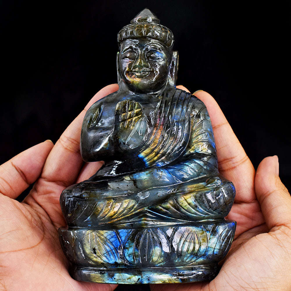 gemsmore:Genuine Amazing Flash Labradorite Hand Carved Lord Buddha