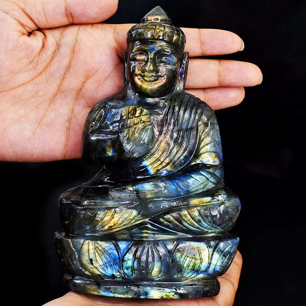 gemsmore:Genuine Amazing Flash Labradorite Hand Carved Lord Buddha