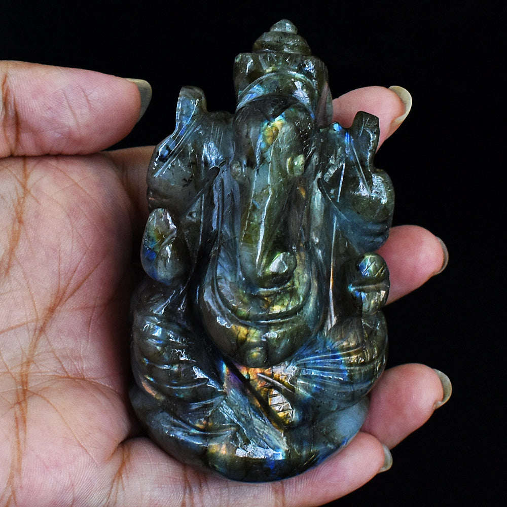 gemsmore:Genuine Amazing Flash Labradorite  Hand Carved Lord Ganesha