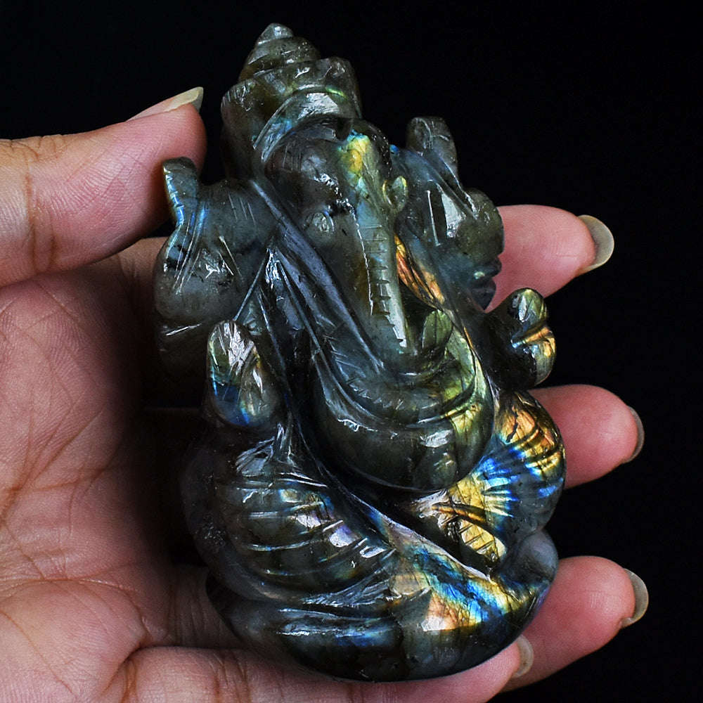 gemsmore:Genuine Amazing Flash Labradorite  Hand Carved Lord Ganesha