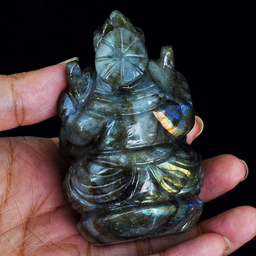 gemsmore:Genuine Amazing Flash Labradorite  Hand Carved Lord Ganesha