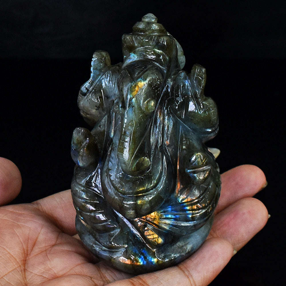 gemsmore:Genuine Amazing Flash Labradorite  Hand Carved Lord Ganesha