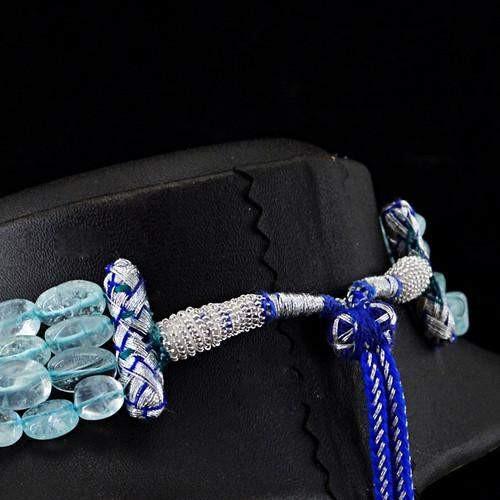 gemsmore:Genuine Blue Aquamarine 4 Line Oval Beads Necklace
