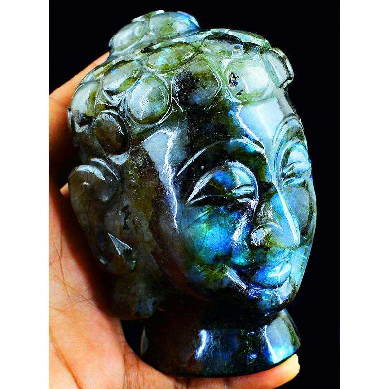 gemsmore:Genuine Blue Flash Labradorite Carved Lord Buddha Head Idol
