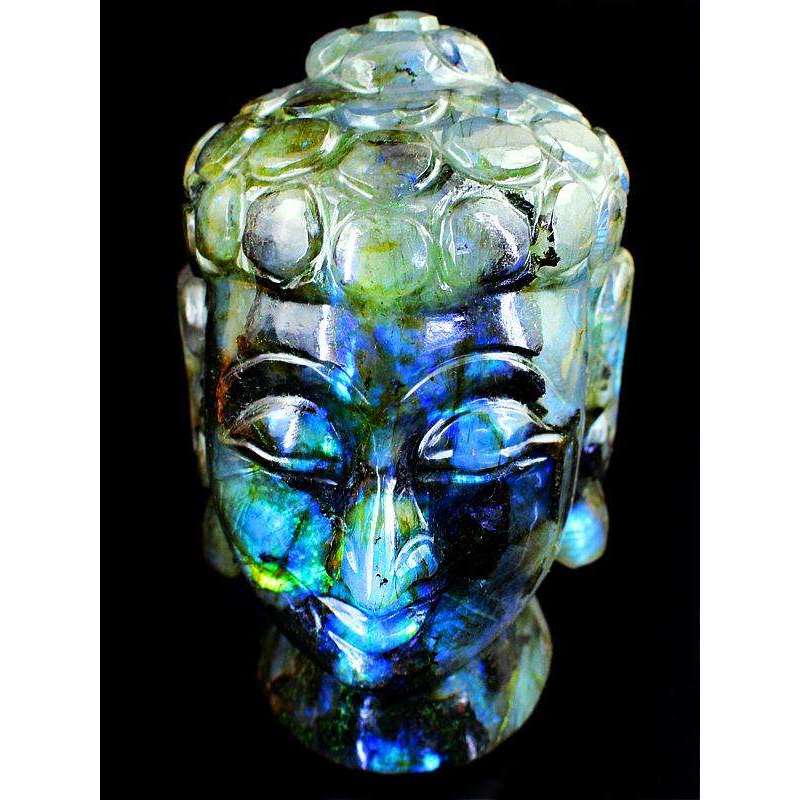 gemsmore:Genuine Blue Flash Labradorite Carved Lord Buddha Head Idol